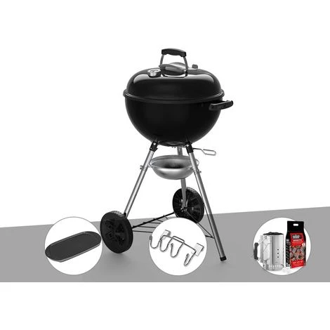 Barbecue à Charbon Weber Original Kettle E-4710 47 Cm + Plancha + Support Accessoires + Kit Cheminée - Noir